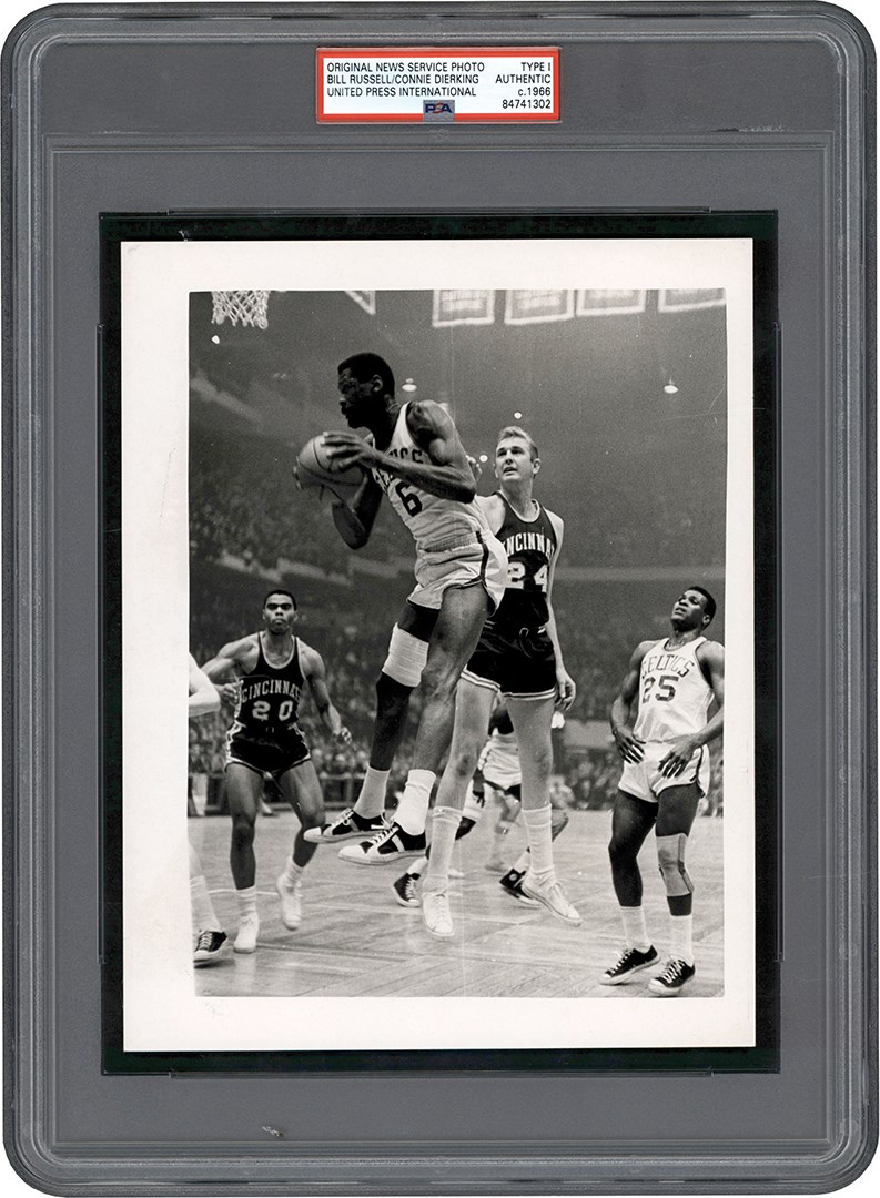 Vintage Sports Photographs - 1966 Bill Russell Photograph - Crashing the Boards (PSA Type I)