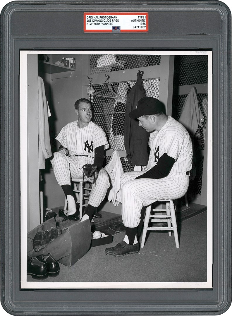 Vintage Sports Photographs - 1955 Joe DiMaggio and Joe Page Old Timers Day Game Photograph (PSA Type I)