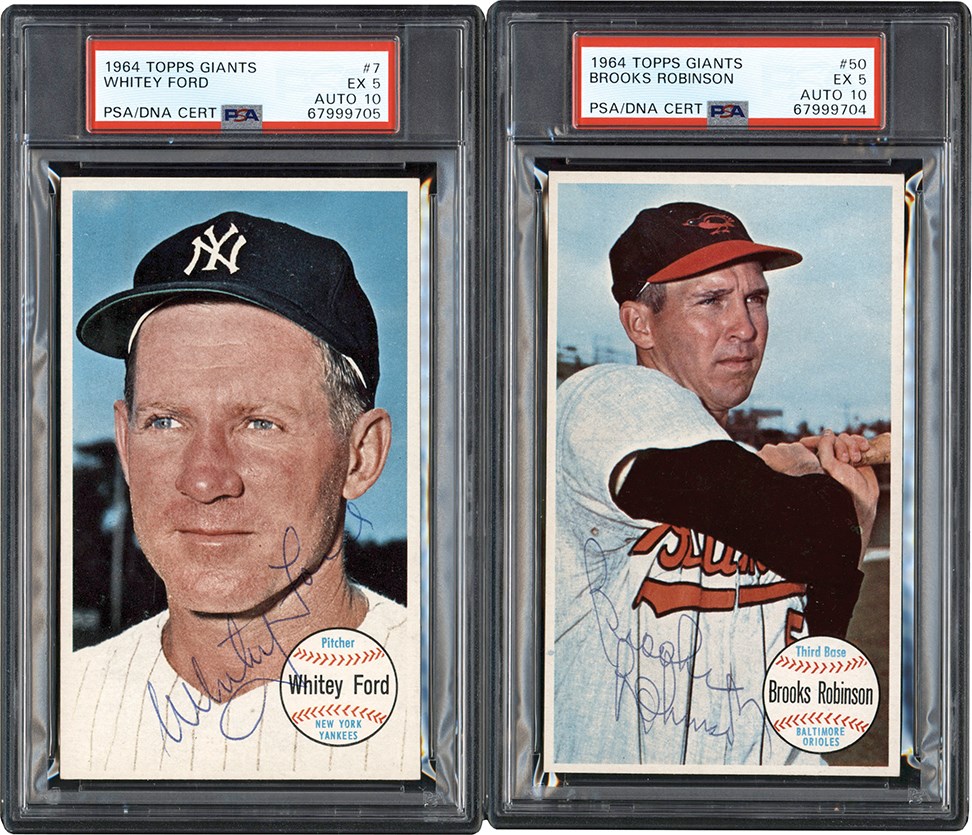 - Signed 1964 Topps Giants Whitey Ford & Brooks Robinson PSA EX 5 Auto 10 Duo (2)