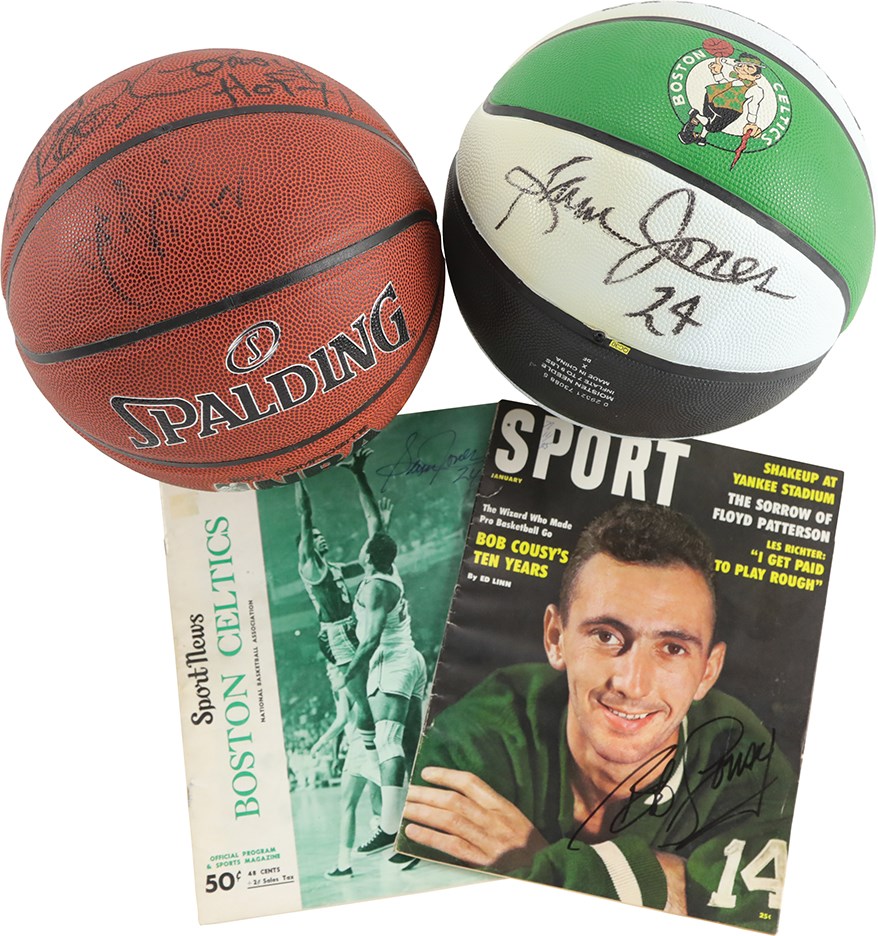 - Sam Jones & Bob Cousy Signed Celtics Programs and Basketballs (4)