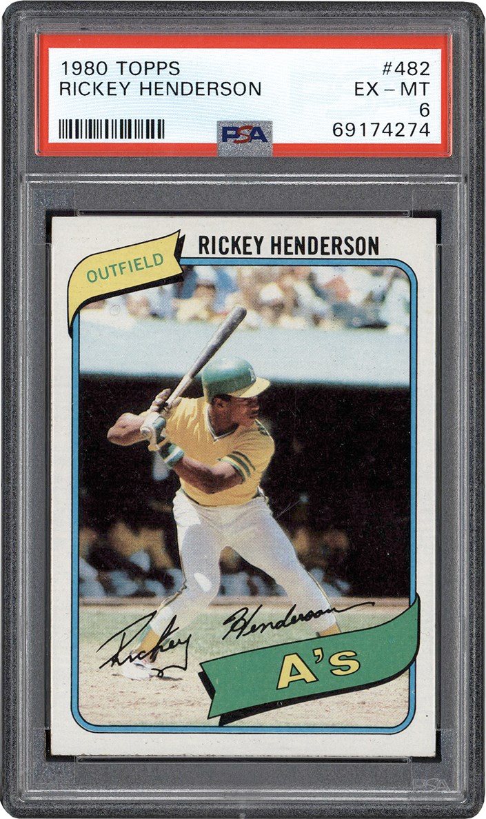 - 1980 Topps #482 Rickey Henderson Rookie Card PSA EX-MT 6