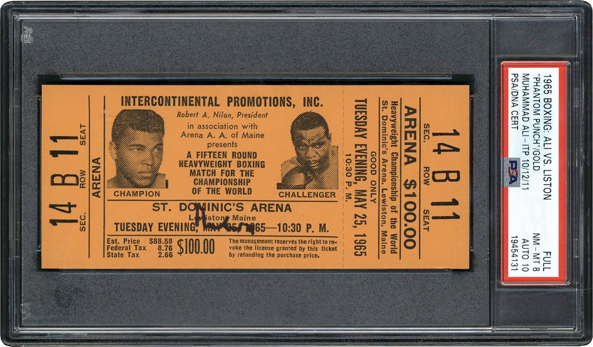 - 1965 Muhammad Ali vs. Sonny Liston "Phantom Punch" Full Ticket - Signed by Ali PSA NM-MT 8 - Auto 10 (Pop 1 - None Higher)