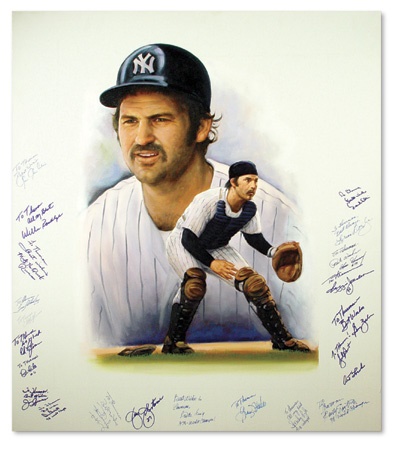 Thurman Munson Original Painting Signed To Thurman by New York Yankees (30x36”)