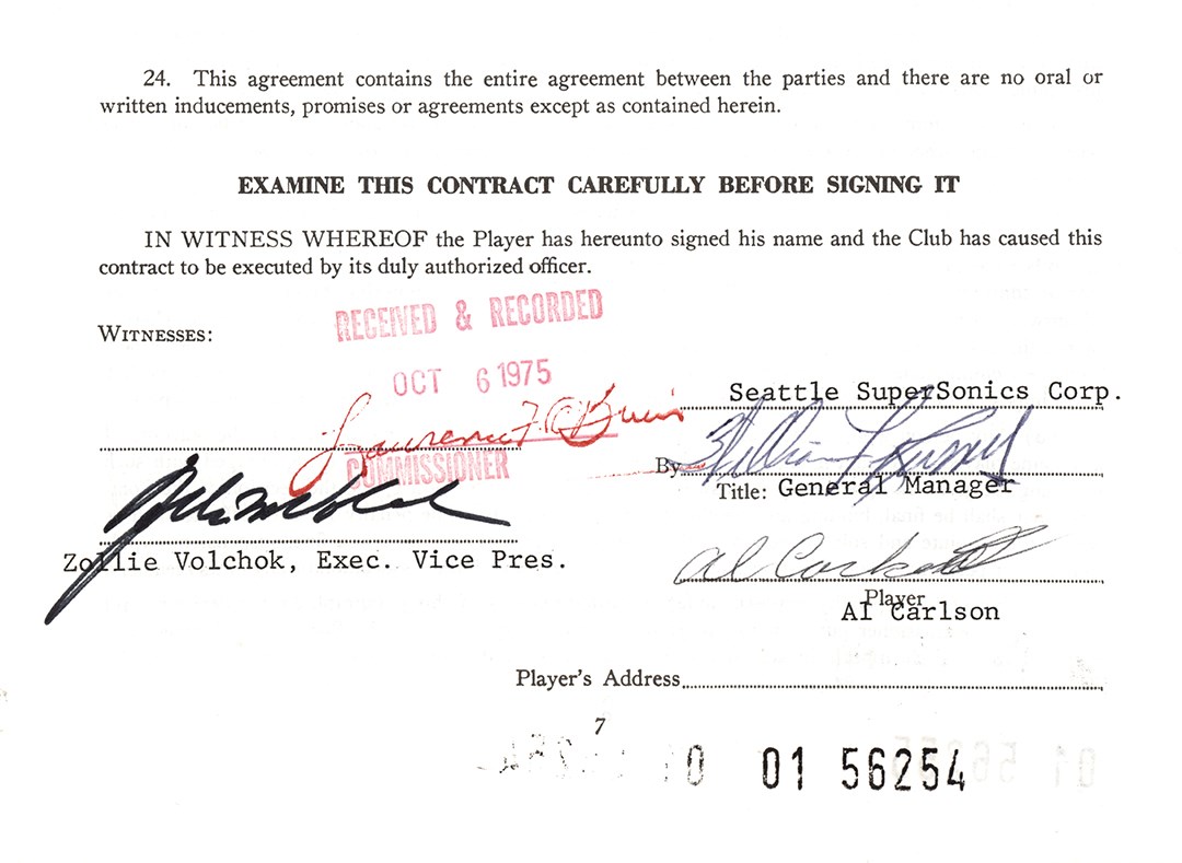 - Rare 1975 Bill Russell Signed Seattle SuperSonics Contract (PSA)