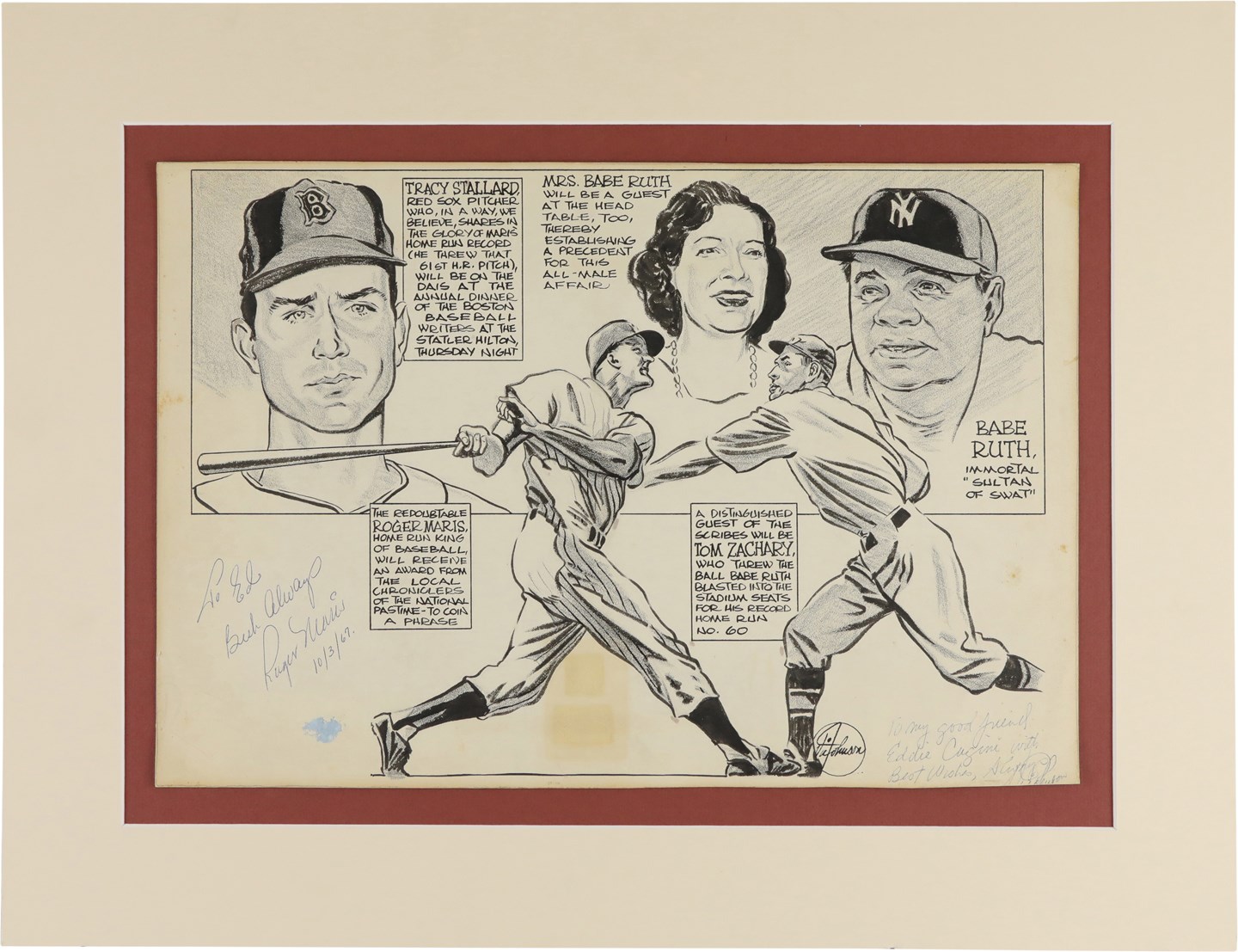 Baseball Autographs - Signed 1960s Babe Ruth & Roger Maris Original Artwork w/Mint Maris Autograph (PSA)