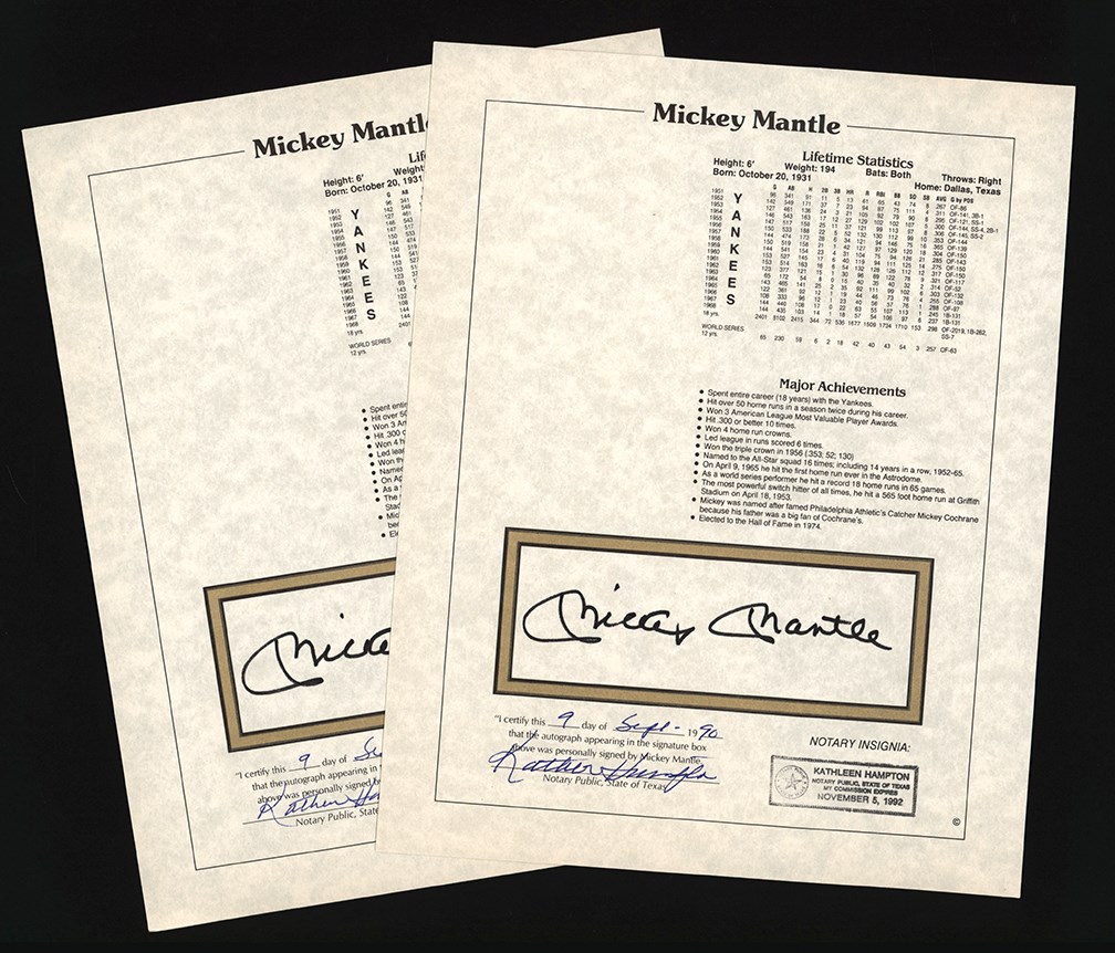 Baseball Autographs - Mickey Mantle Signed Stat Sheet Collection (10)