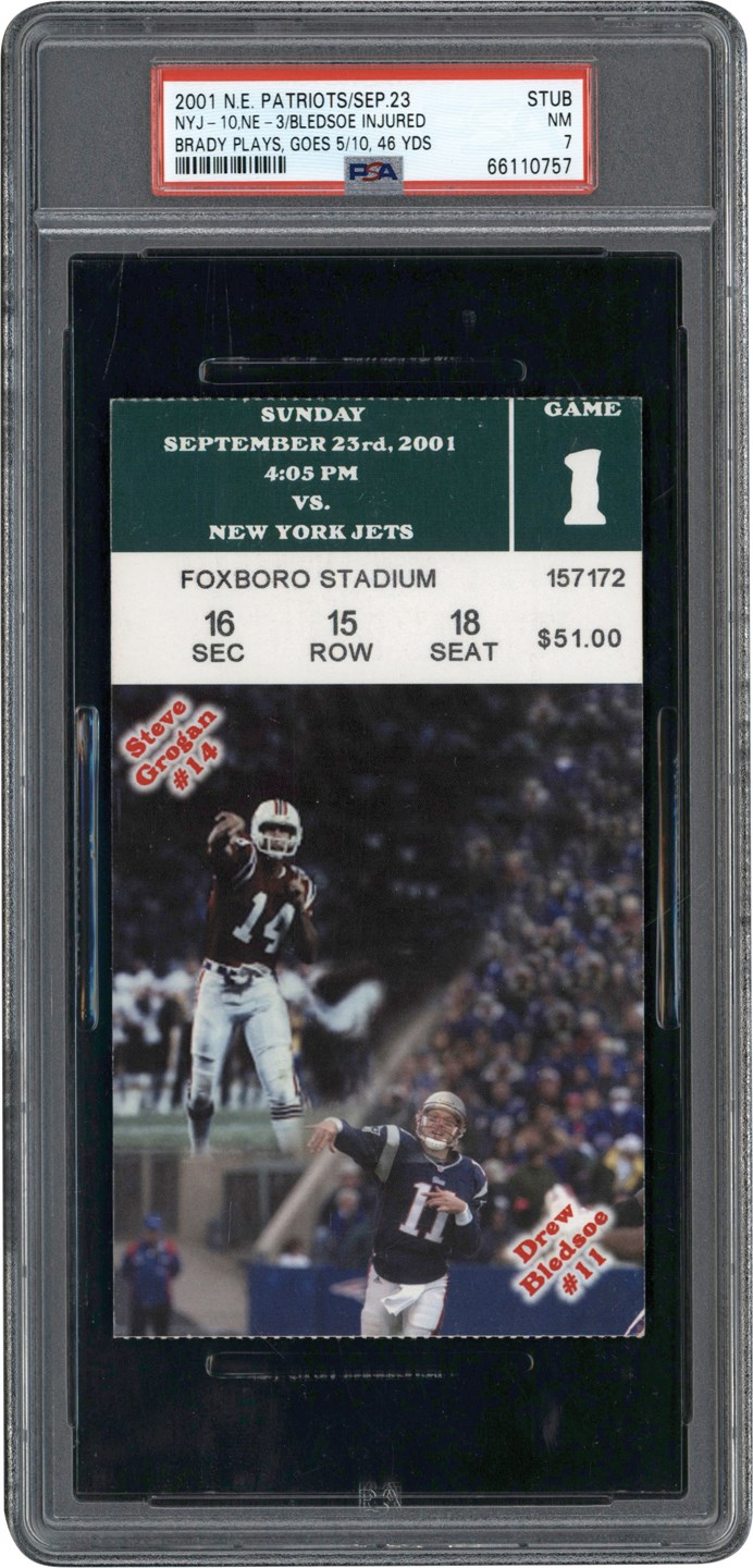 Football - 2001 Tom Brady First NFL Game Ticket Stub - Brady Replaces Drew Bledsoe PSA NM 7