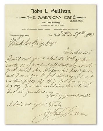 Muhammad Ali & Boxing - 1899 John L. Sullivan Handwritten Letter