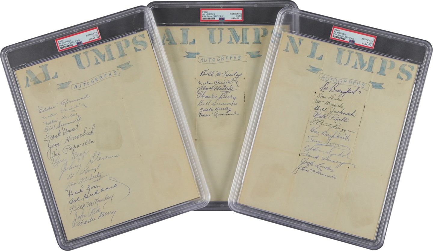 - Three 1940s-50s American & National League Umpires Signed Sheets (PSA)