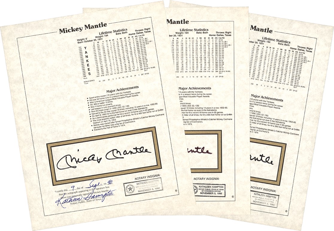 Baseball Autographs - 1990 Mickey Mantle Signed Stat Sheet Collection (3)