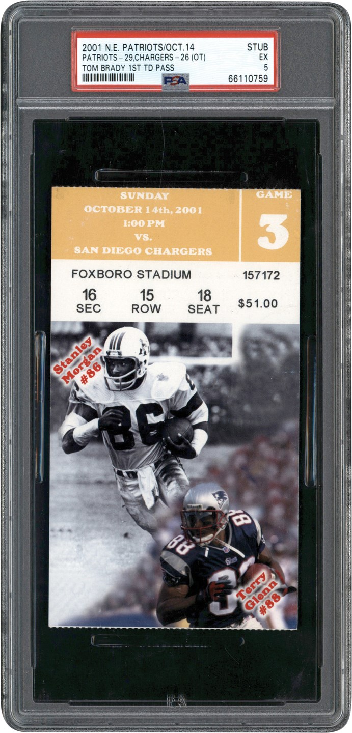 Football - 2001 Tom Brady First NFL Touchdown Pass Ticket Stub PSA EX 5