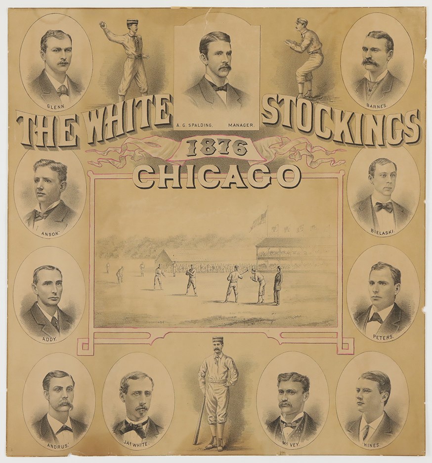 Baseball Memorabilia - Extraordinary 1876 Chicago White Stockings Large-Format Display Print with Cap Anson & Albert Spalding - National League Inaugural Season