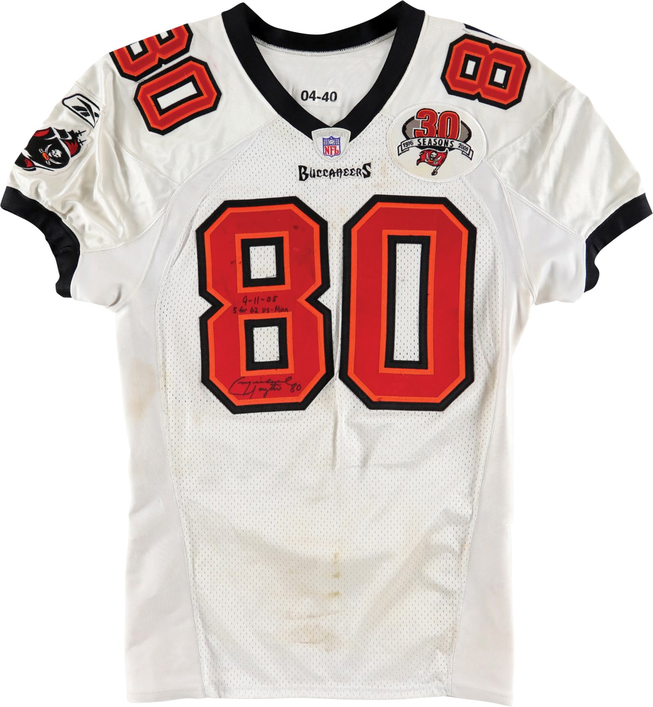 - 9/11/05 Michael Clayton Unwashed Tampa Bay Buccaneers Game Worn Jersey with 30th Anniversary Patch