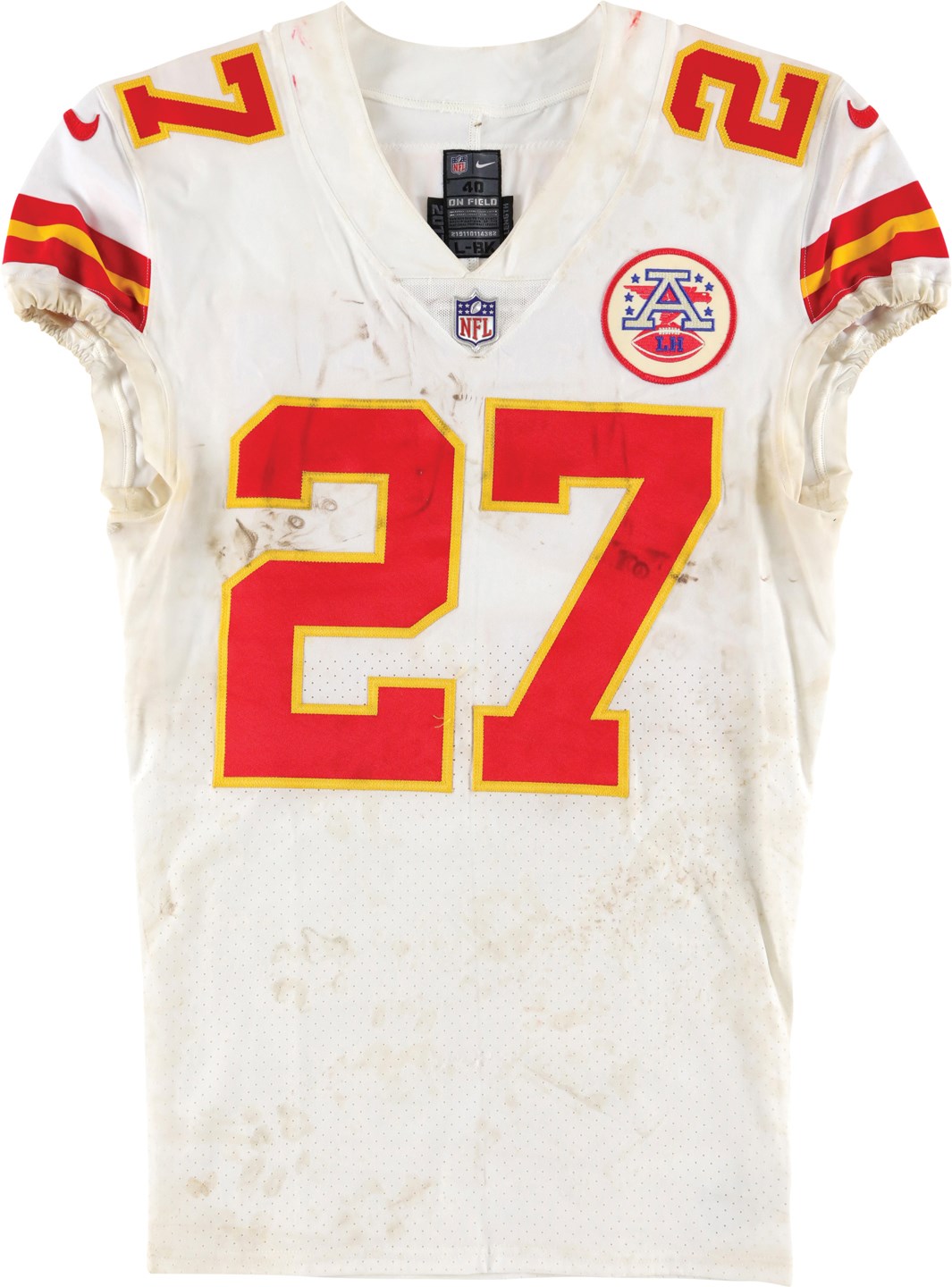 Football - 2017 Kareem Hunt Rookie Kansas City Chiefs Unwashed Game Worn Jersey - Photo-Matched to Patrick Mahomes' First Career Start