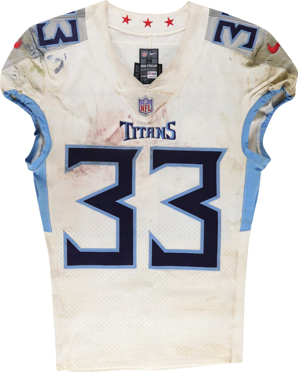 - 10/21/18 Dion Lewis Tennessee Titans in London Game Worn Unwashed Jersey - Season High Rushing Yards Game (Photo-Matched)