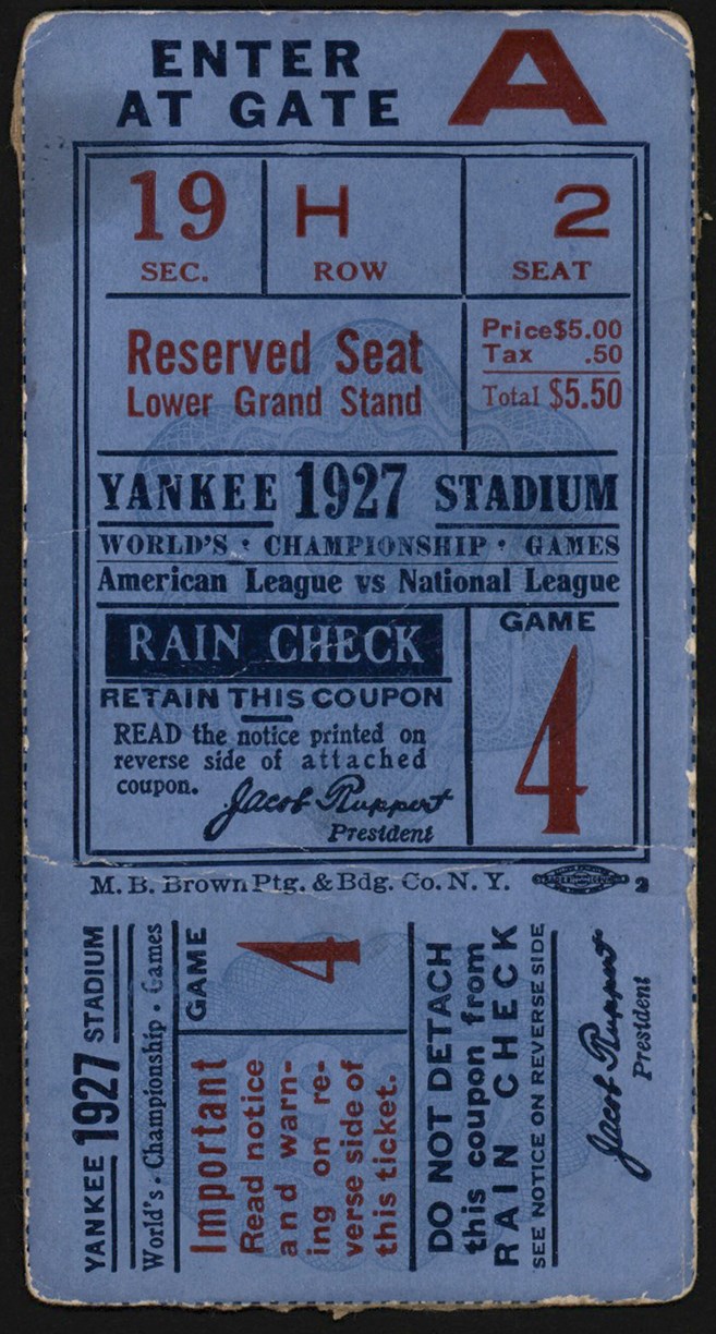 - 1927 New York Yankees World Series Ticket Stub Game 4 Clincher - Babe Ruth Home Run