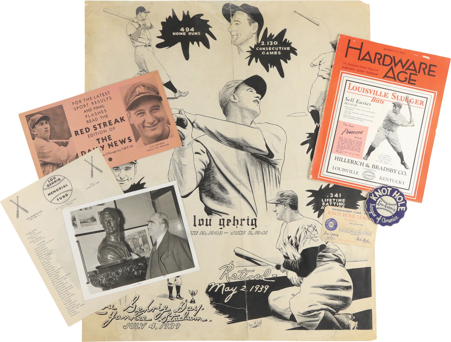 Baseball Memorabilia - Vintage Lou Gehrig Memorabilia Collection w/Rarities (6)