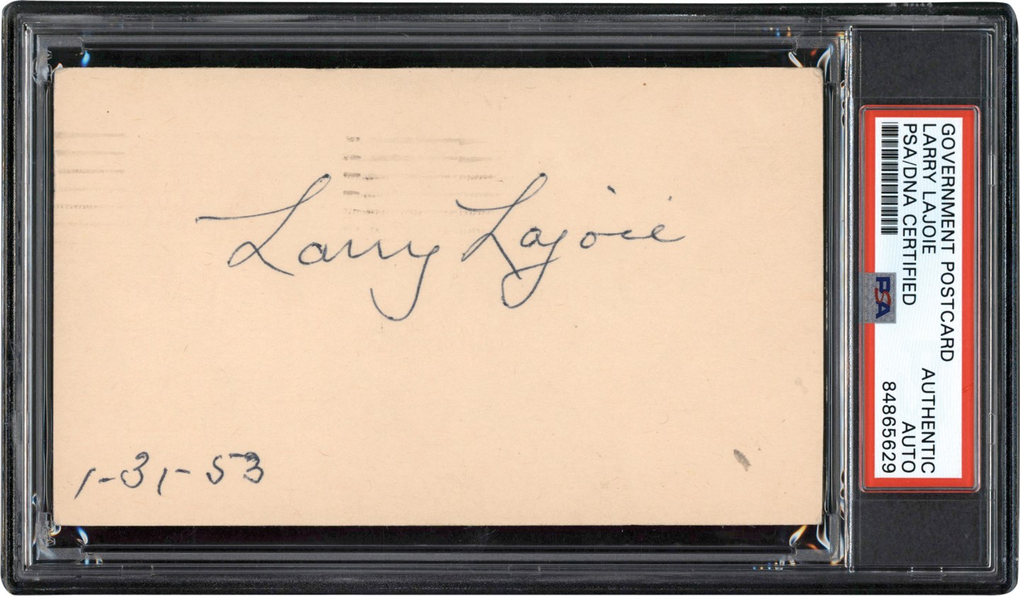 Baseball Autographs - 1953 Larry Lajoie Signed Government Postcard (PSA)