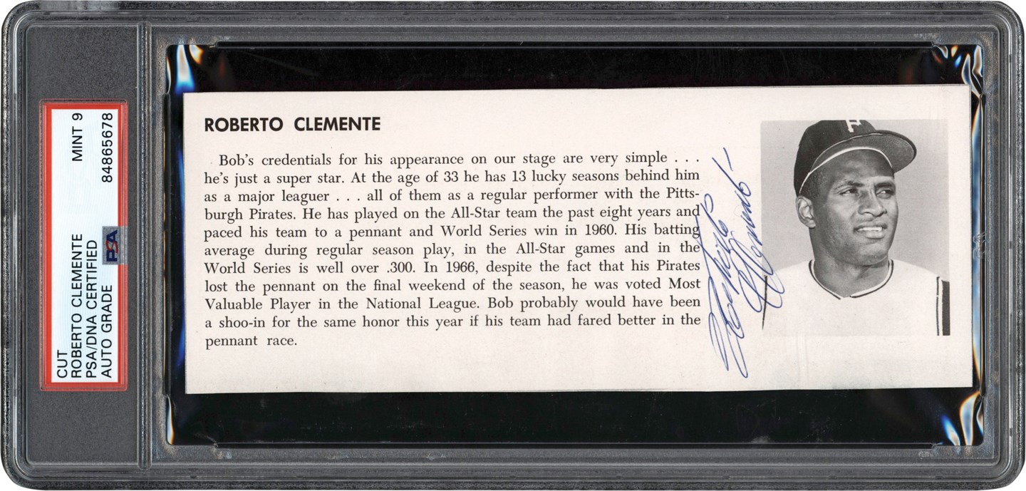Clemente and Pittsburgh Pirates - Roberto Clemente Signed Bio Page (PSA MINT 9 Auto)