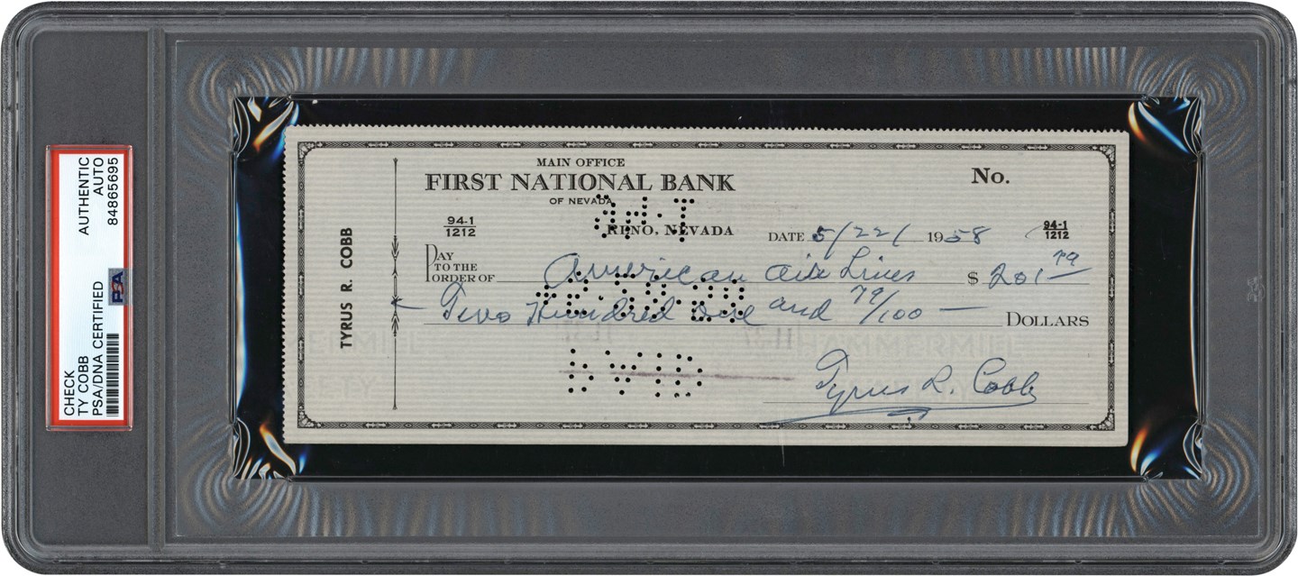 Baseball Autographs - 1958 Ty Cobb Signed Check (PSA)