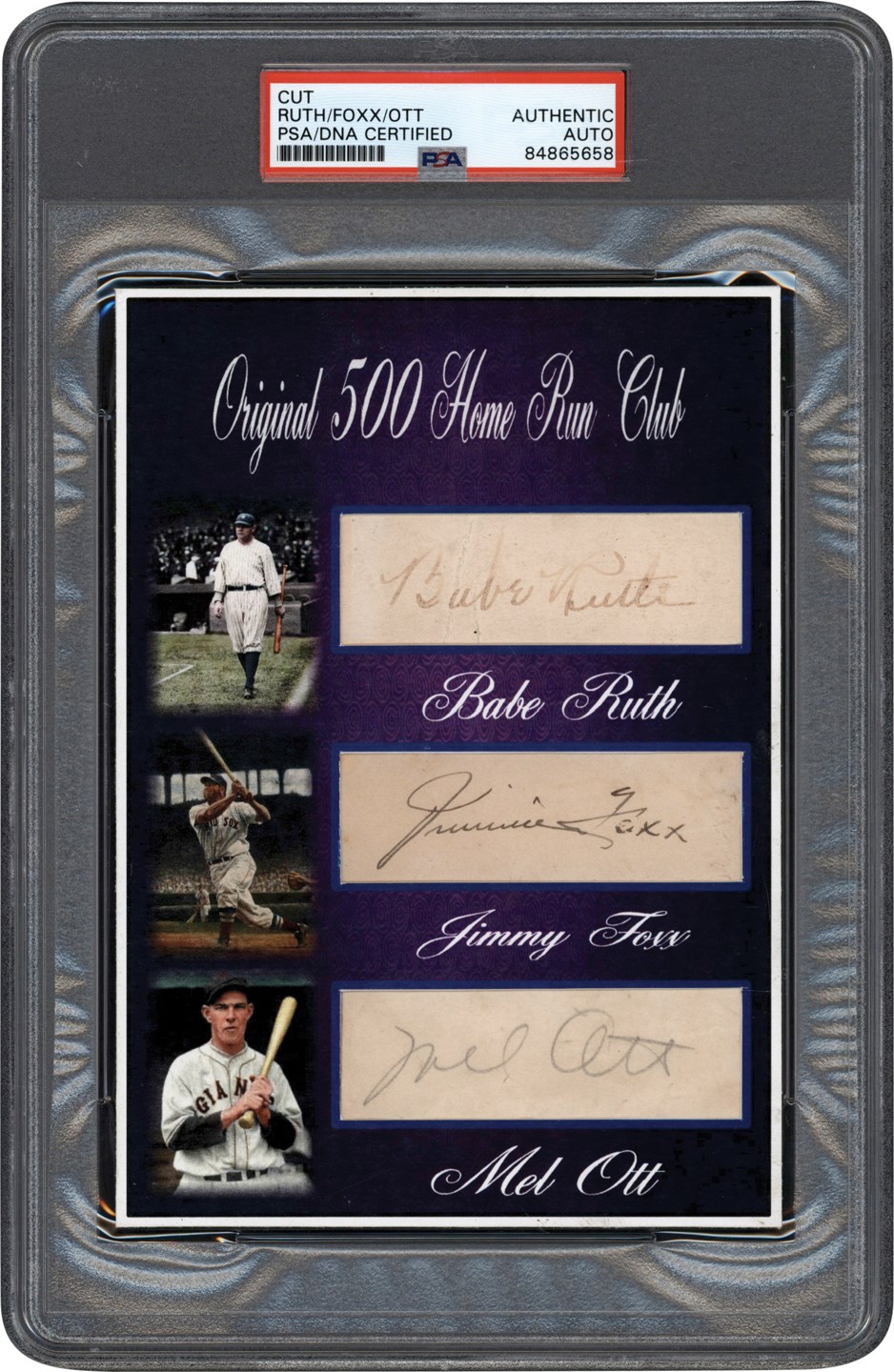 - Original 500 Home Run Club Signed Card of Babe Ruth, Jimmie Foxx, and Mel Ott (PSA)