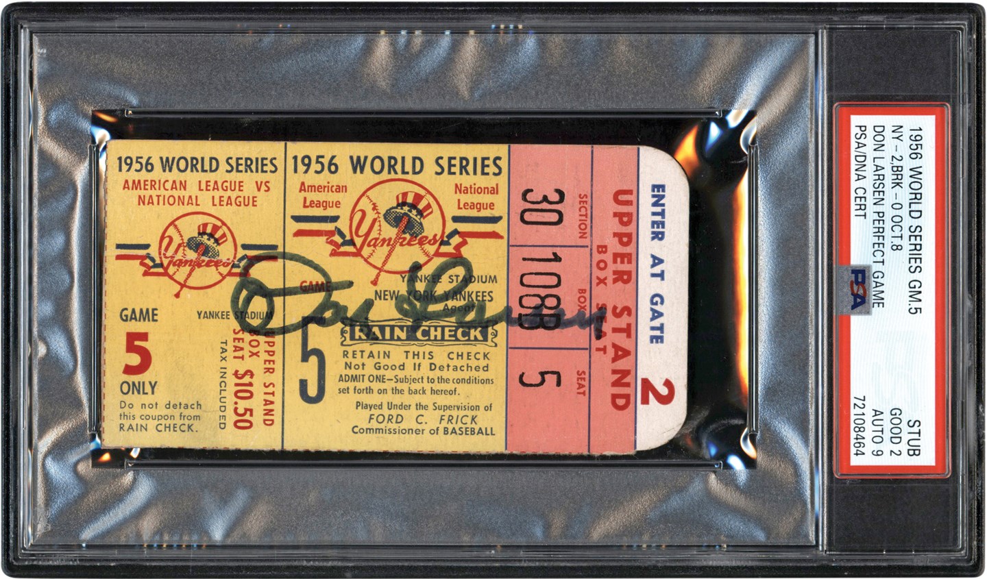 - 1956 World Series Don Larsen Signed Perfect Game Ticket Stub PSA GD 2 - Auto 9