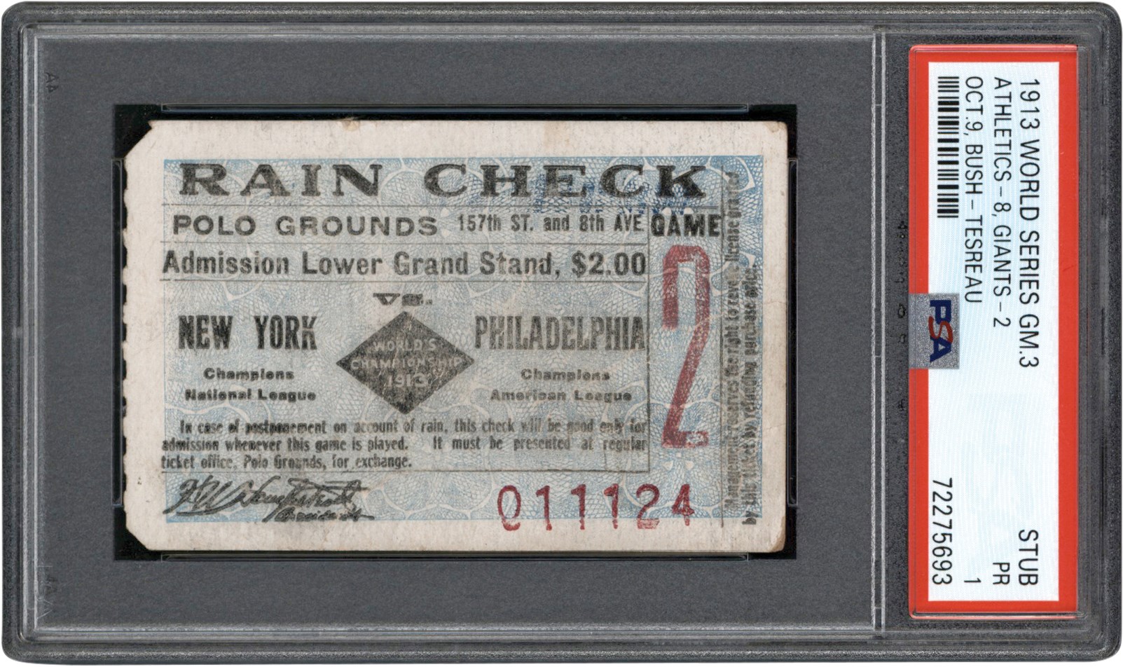 - 1913 World Series Game 2 Ticket Stub PSA PR 1