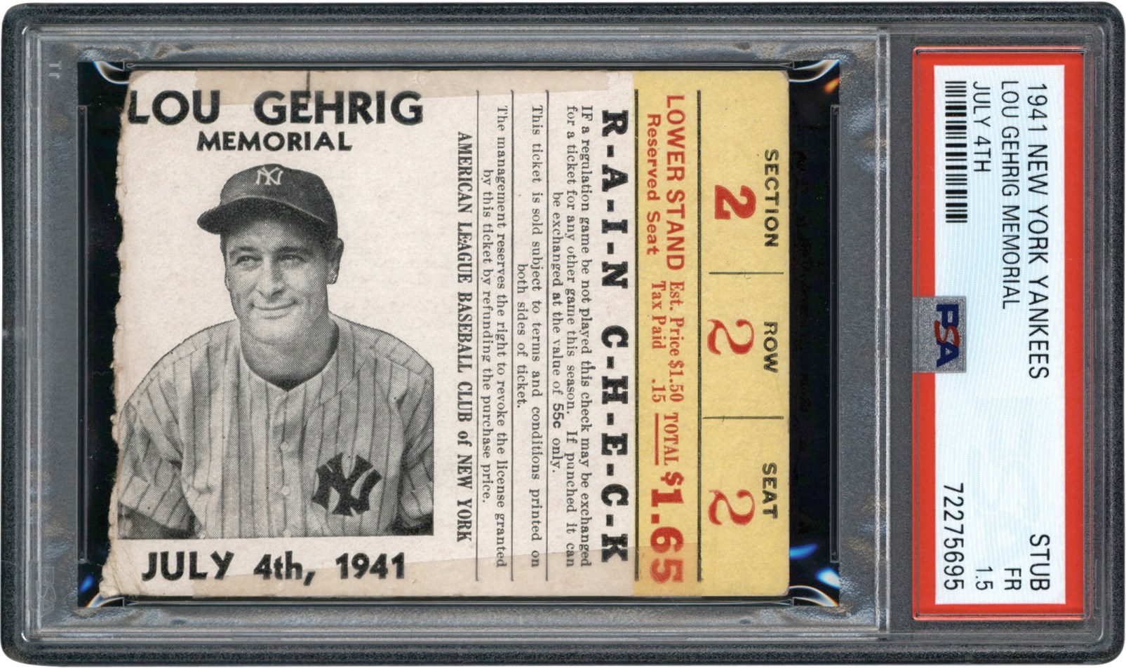 - 1941 Lou Gehrig Memorial Ticket Stub PSA FR 1.5