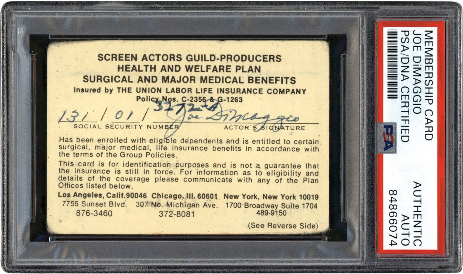 - Joe DiMaggio Signed Personally Owned Screen Actor's Guild Card from The Joe DiMaggio Collection (PSA & Family LOA)
