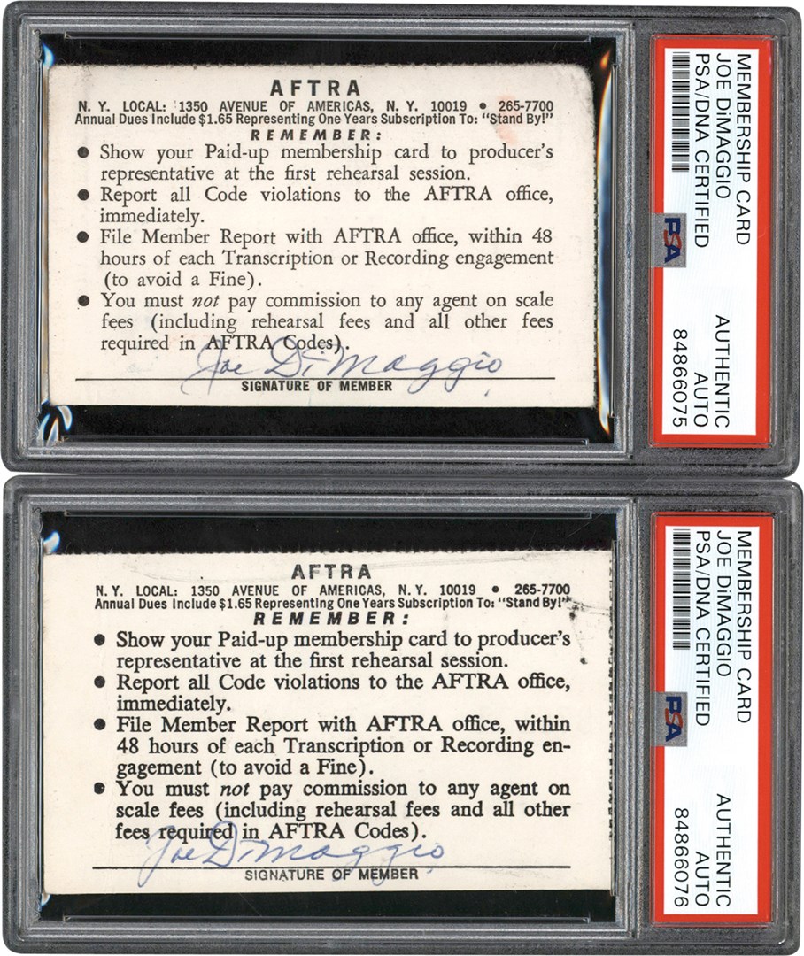 - Joe DiMaggio Signed Personally Owned AFTRA Cards from The Joe DiMaggio Collection (PSA & Family LOA)