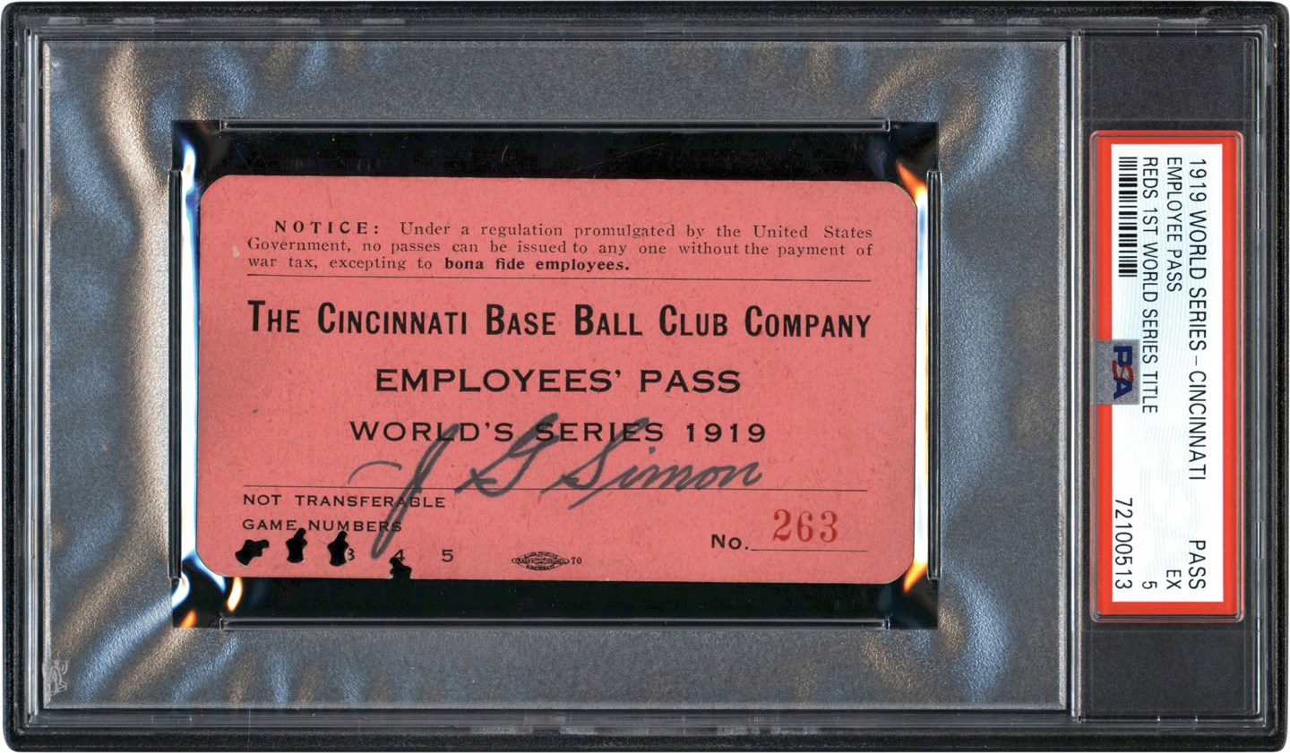 - 1919 World Series Cincinnati Reds Employees Pass PSA EX 5 (1 of 1 Only Known Example)