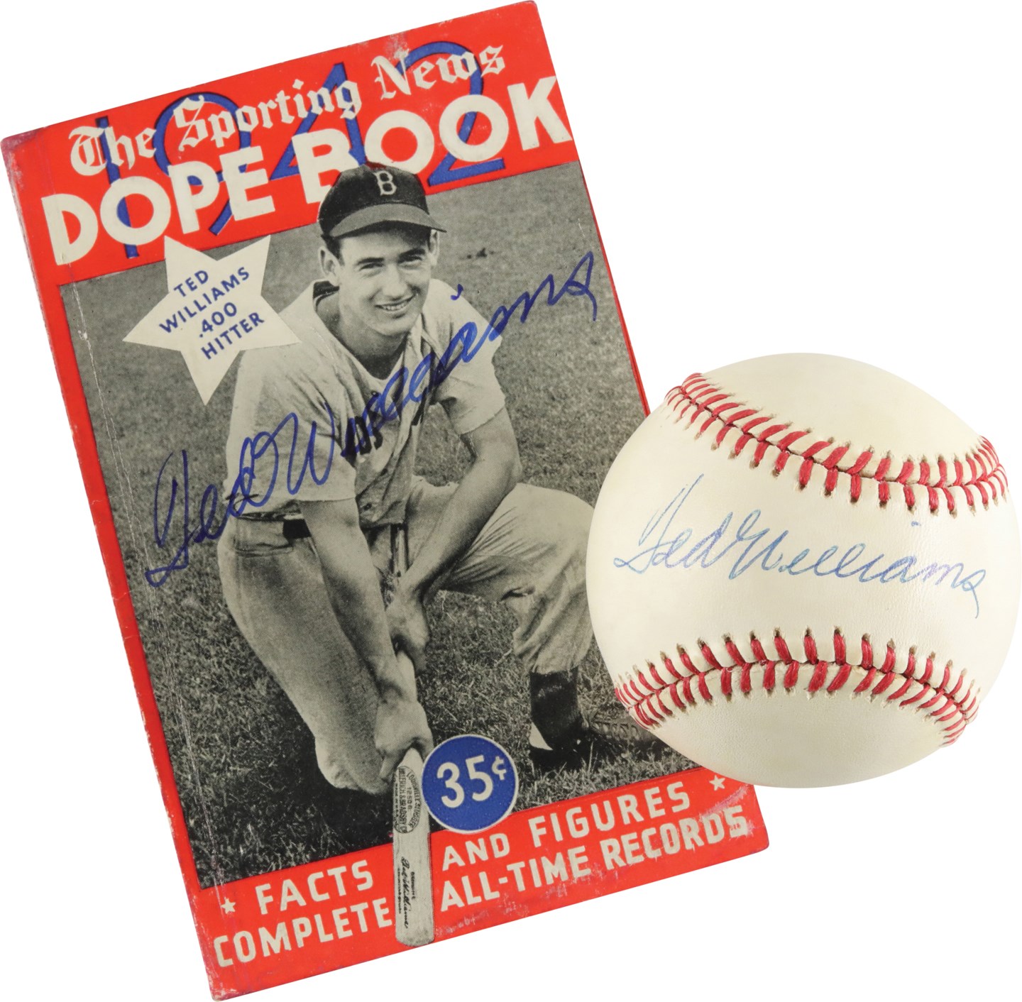 Baseball Autographs - Signed 1942 Ted Williams "Dope Book" & Baseball (PSA)
