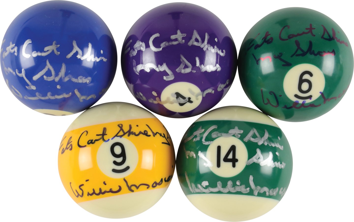 - Circa Late 1970s Willie Mosconi Signed Pool Balls Inscribed "Fats Can't Sign My Shoes" Collection (5) All PSA