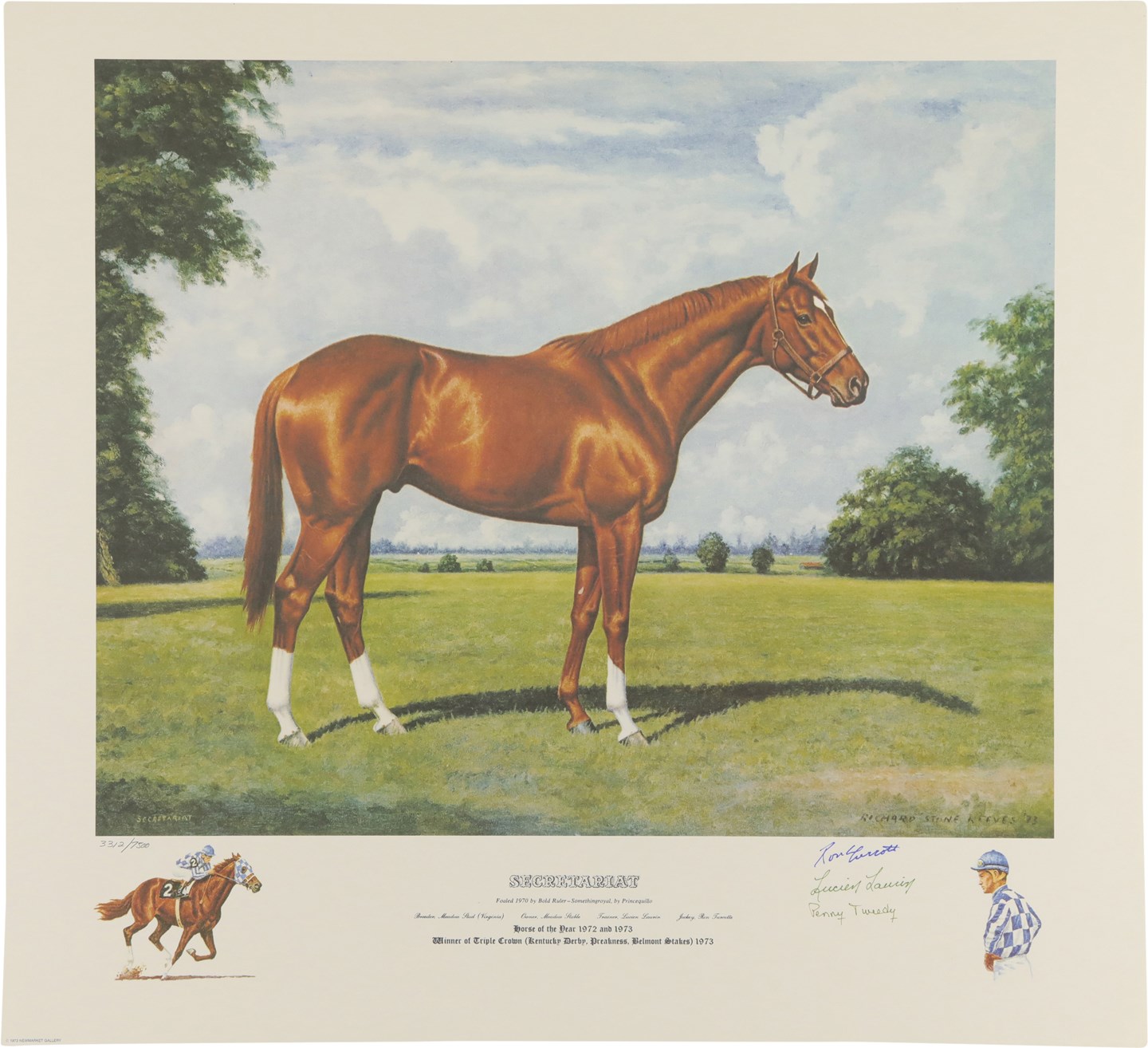 Horse Racing - Secretariat Limited-Edition Lithograph by Richard Stone Reeves Signed by the Owner, Jockey and Trainer
