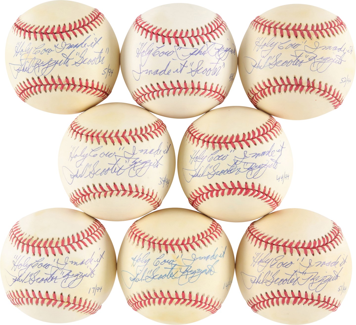 Baseball Autographs - Phil Rizzuto Limited Edition "Holy Cow I Made It" Signed Inscribed Baseballs (8)