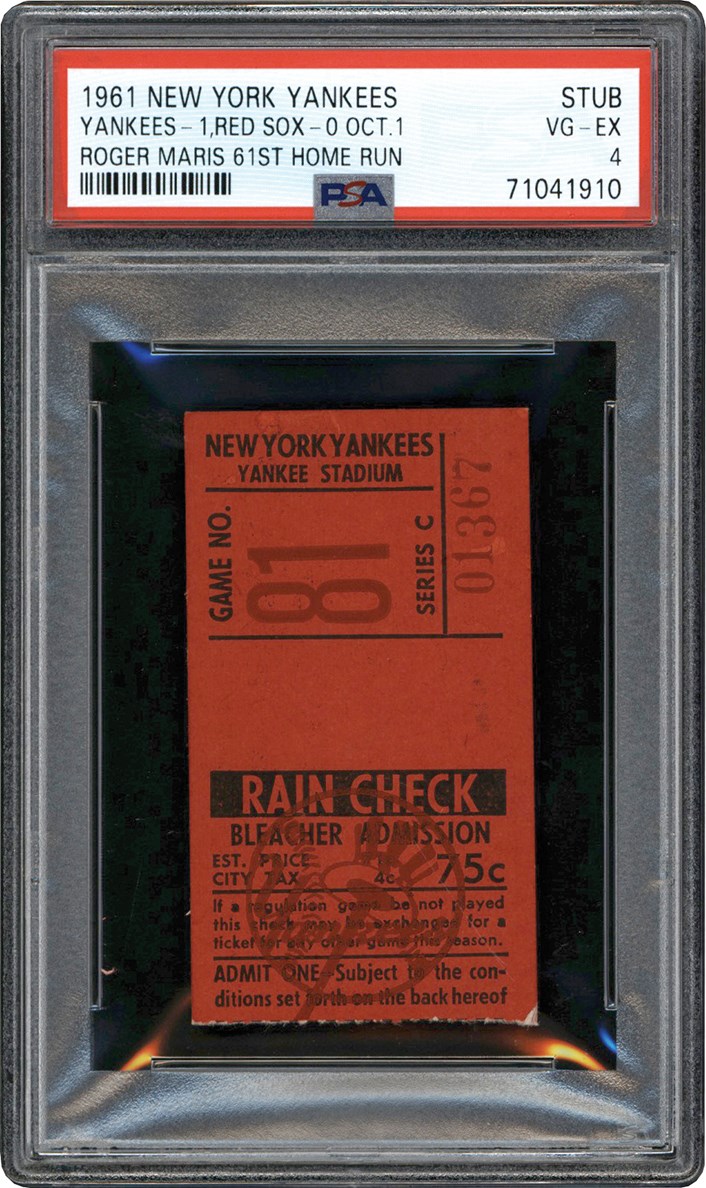 - 1961 Roger Maris 61st Home Run Ticket Stub PSA VG-EX 4 (Pop 1 of 6 - Only One Graded Higher)