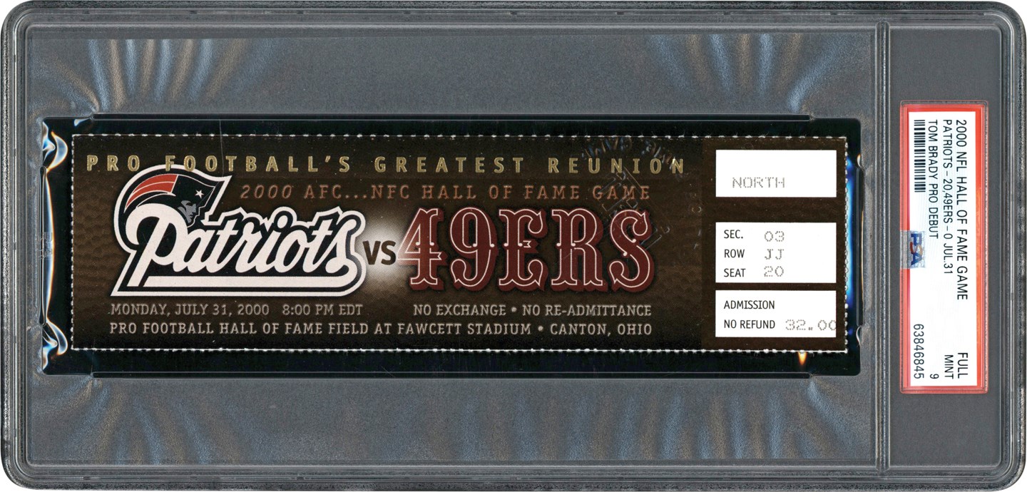 - July 31, 2000, Tom Brady Professional Debut Full Ticket - Patriots vs. 49ers Hall of Fame Game PSA MINT 9 (Pop 1 of 4 - Highest Graded)