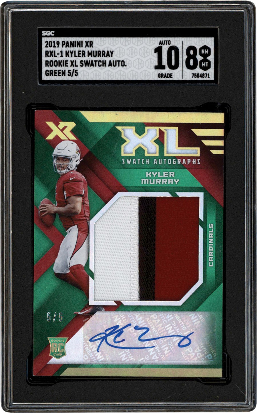 - 2019 Panini XR #RXL-1 Kyler Murray Rookie Patch Autograph Green #5/5 SGC NM-MT 8 Auto 10