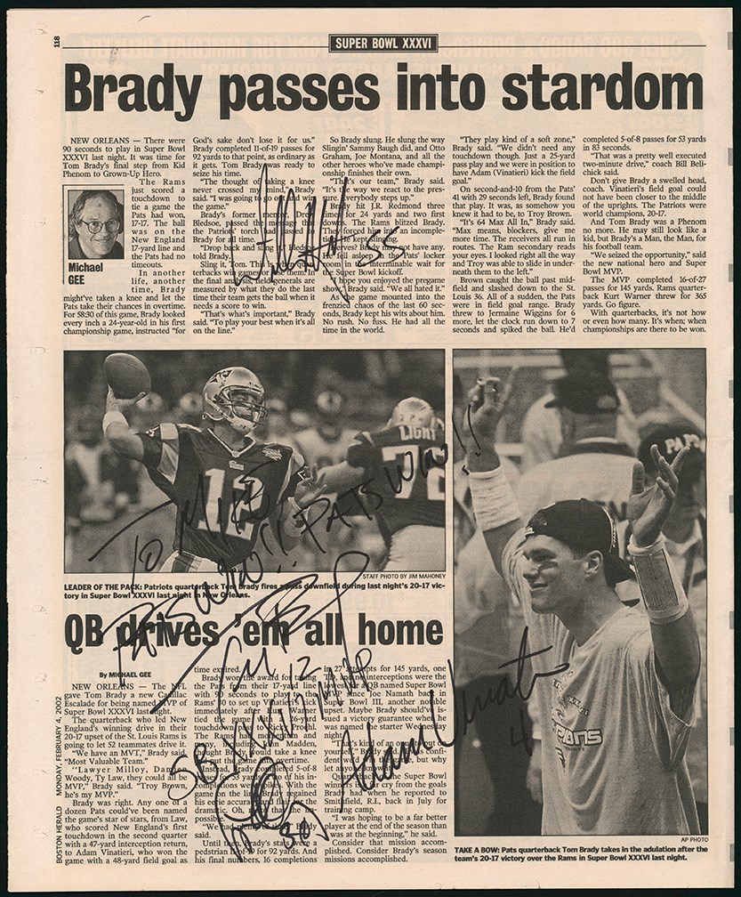 Football - 2001 New England Patriots Super Bowl XXXVI Champions Multi-Signed & Inscribed Newspaper Article w/Tom Brady (PSA)