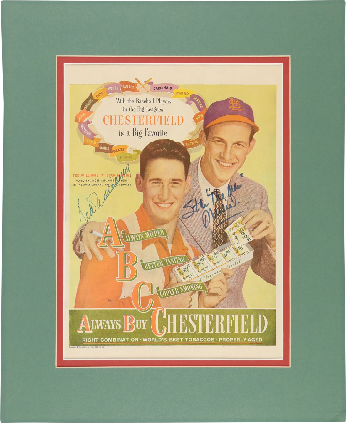 Baseball Autographs - 1947 Ted Williams & Stan Musial Signed Chesterfield Advertisement (PSA)