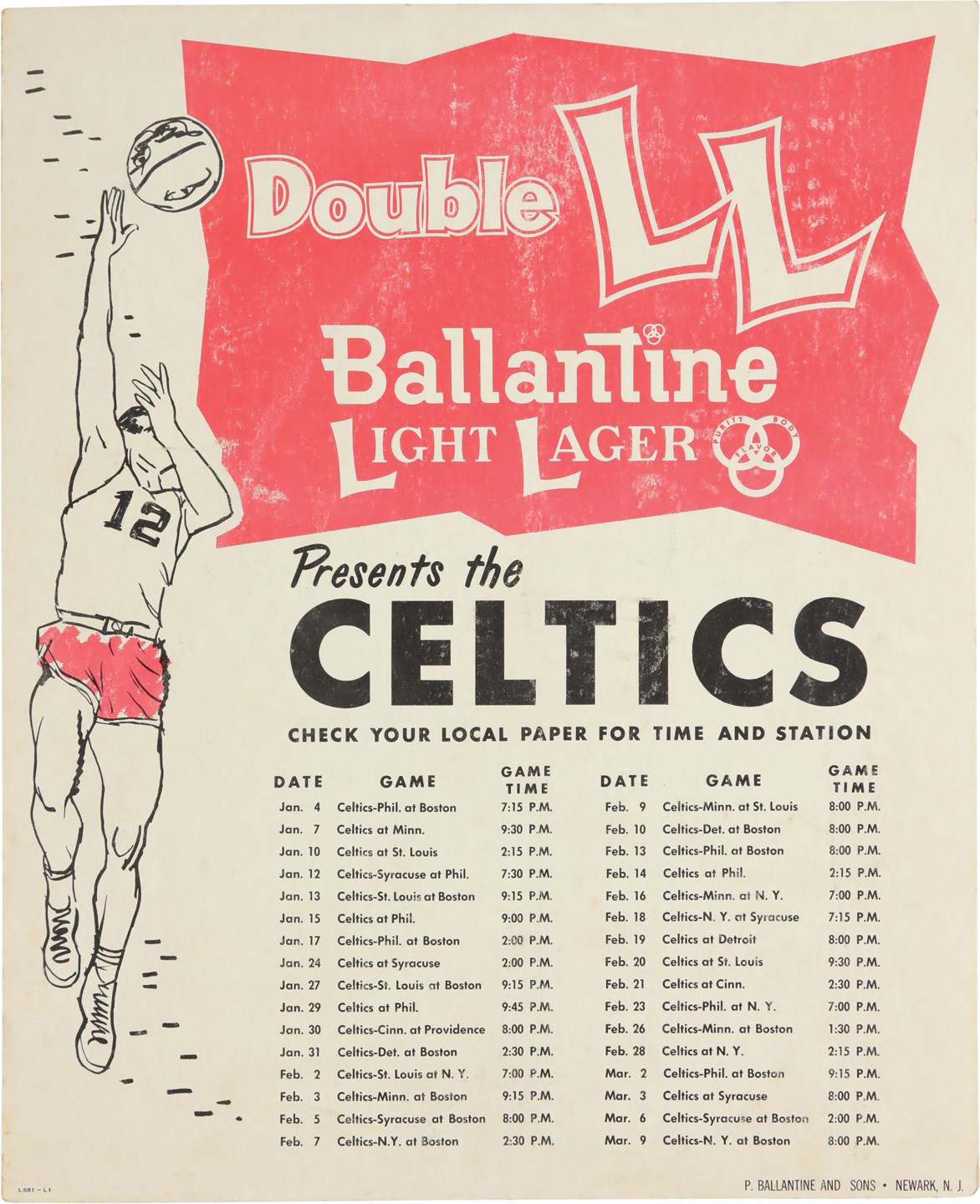 - 1959-60 Boston Celtics Schedule Double LL Ballantine Light Lager