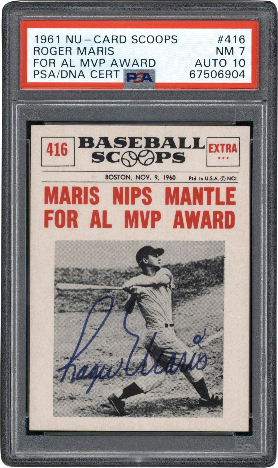 - Signed 1961 Nu Card Scoops #416 Roger Maris PSA NM 7 Auto 10