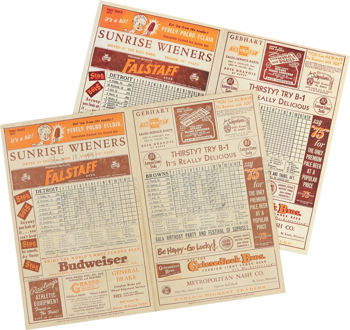 Baseball Memorabilia - August 18, 1951 Eddie Gaedel Original Scorecard from Game before Debut with Reproduction Scorecard from Debut Game