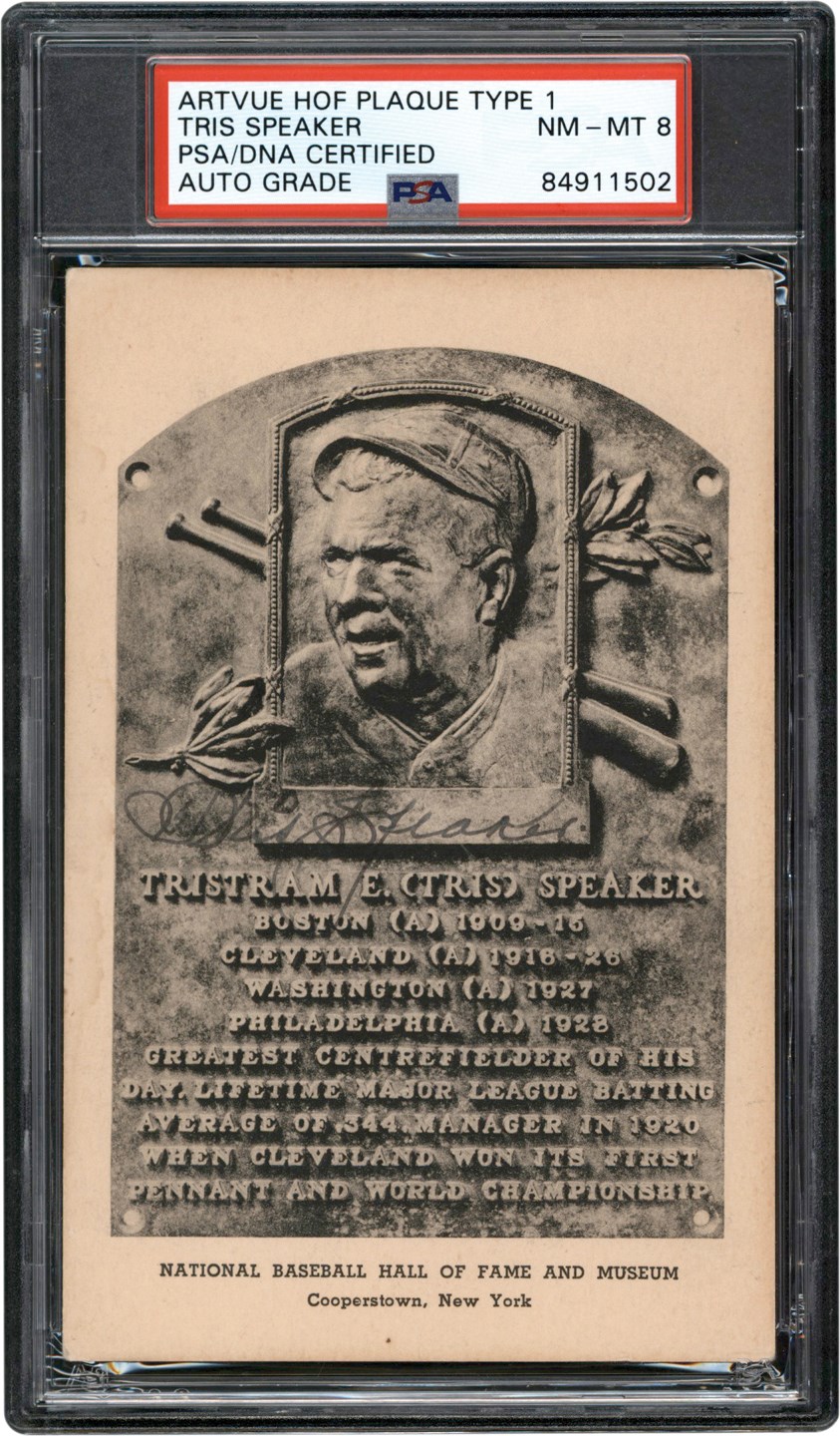 Baseball Autographs - Tris Speaker Signed Artvue Hall of Fame Plaque Postcard Type I (PSA NM-MT 8 Auto)