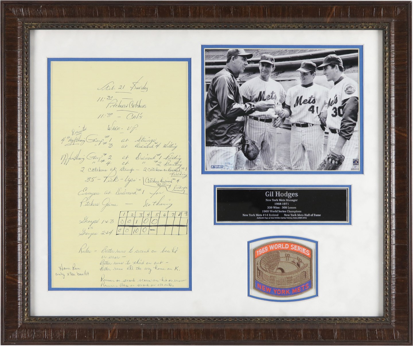 Baseball Memorabilia - 1971 Gil Hodges New York Mets Handwritten Spring Training Practice Schedule w/Family Provenance