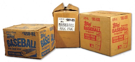 Unopened Wax Packs Boxes and Cases - 1981, 1983, and 1985 Topps Baseball 3-Box Rack Cases