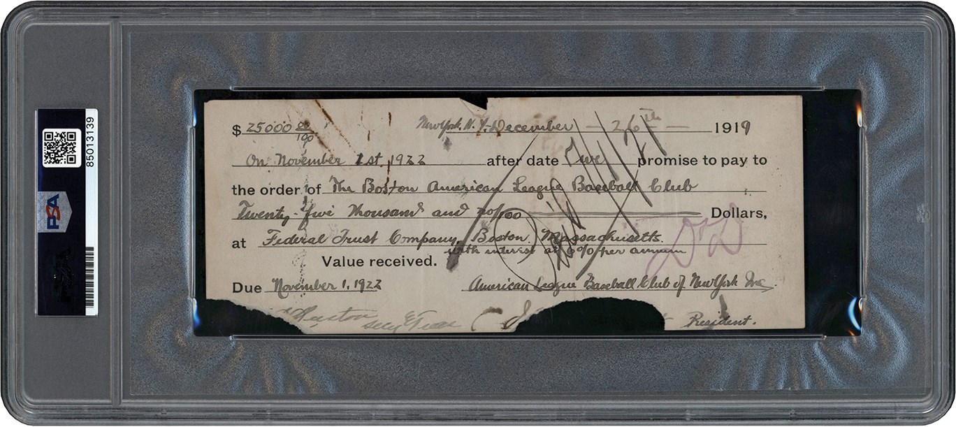 The Babe Ruth Sale Archive - cember 26th, 1919, Cancelled Promissory Note from New York Yankees to Red Sox for the Sale of Babe Ruth (ex-Barry Halper Collection)