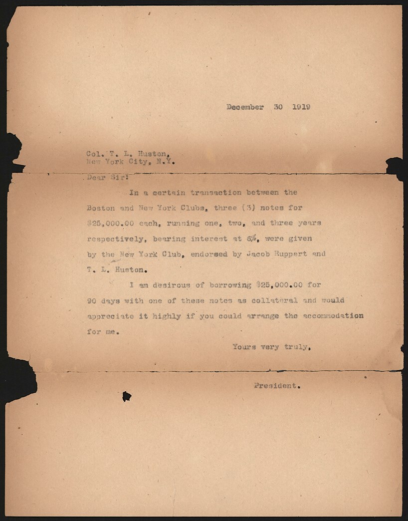 The Babe Ruth Sale Archive - ecember 30th, 1919, Harry Frazee Letter to Colonel Tillinghast Huston Referencing "A Certain Transaction Between the Boston and New York Clubs" aka The Sale of Babe Ruth (ex-Halper Collection)