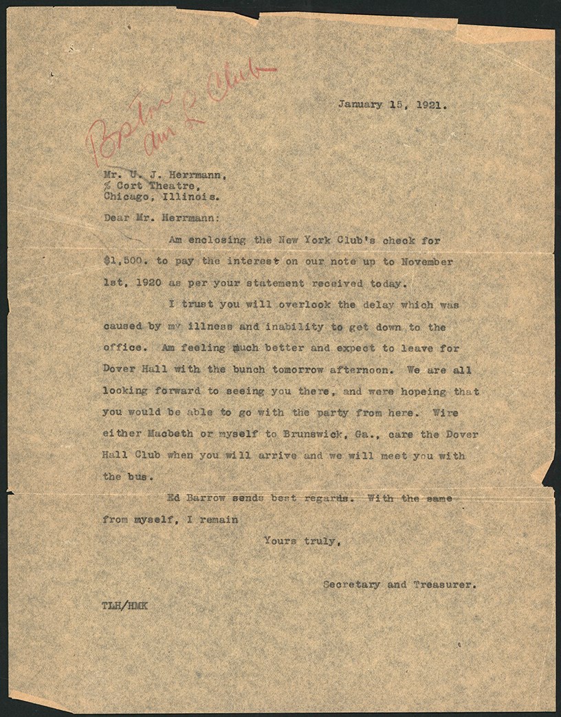 - 1921 Letter from T. L. Huston to Red Sox Treasurer Referencing Interest on Payment for Babe Ruth (ex-Barry Halper Collection)