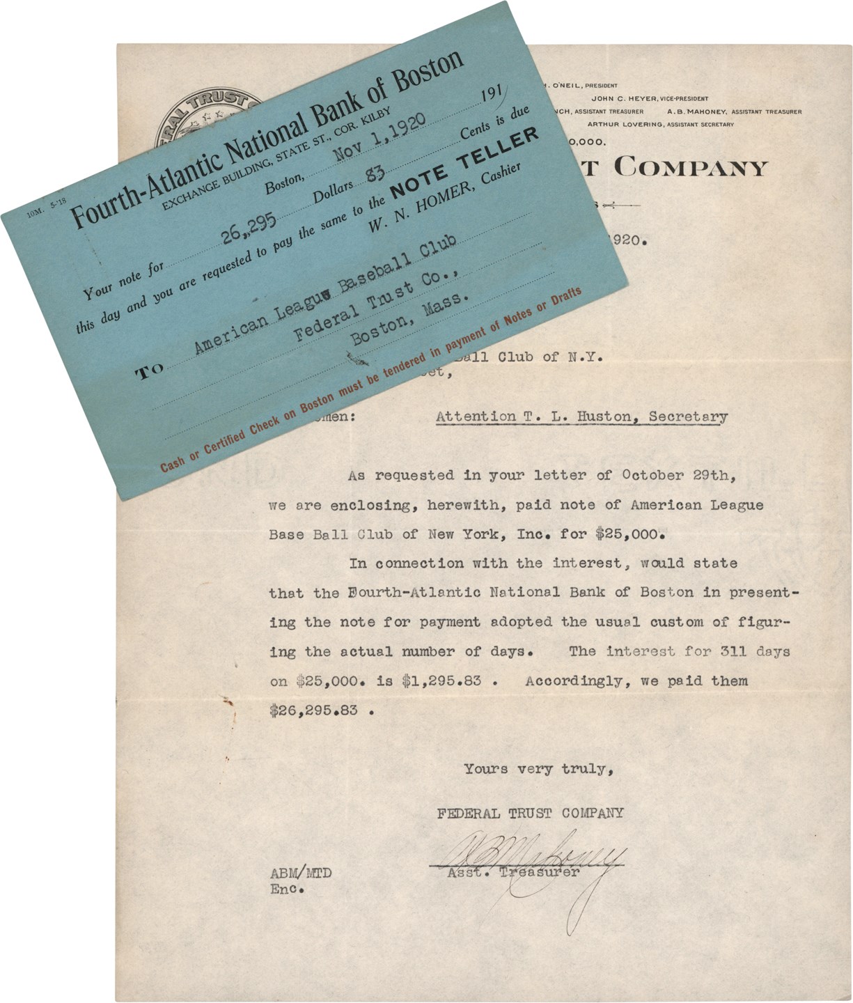 The Babe Ruth Sale Archive - November 1st, 1920, Letter to New York Yankees Acknowledging Payment Received in Reference to The Sale of Babe Ruth (ex-Barry Halper Collection)
